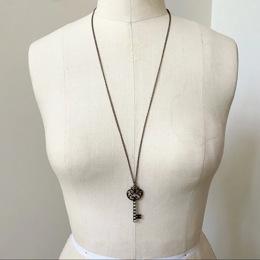Antique Gold Tone Rhinestone Key Necklace Long